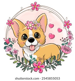 Bonito Corgi Cartoon com flores em um fundo branco