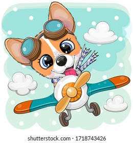 Cute Cartoon Corgi is flying on a plane