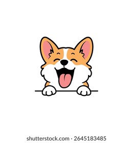 Cute cartoon Corgi with a happy face, eyes closed, mouth open and tongue out, vector illustration