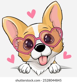 Bonito Corgi Cartoon com óculos de corações isolados em um fundo branco