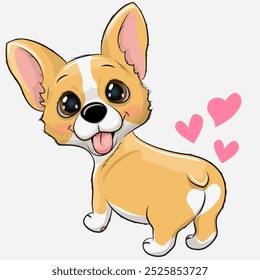 Cute Cartoon Corgi with hearts isolated in a white background