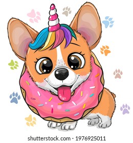 Cute Cartoon Corgi with horn of Unicorn and donut