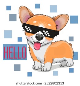 Corgi de desenhos animados bonito em óculos de sol pixel isolado em um fundo branco