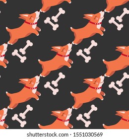 Cute cartoon corgi puppies with bones on a gray background. Vector seamless pattern.