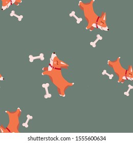 Cute cartoon corgi puppies with bones on a turquoise-gray background. Vector seamless pattern.