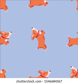 Cute cartoon corgi puppies on a blue background. Vector seamless pattern.