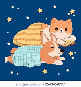 Cute cartoon corgi puppy and ginger kitten sleeping together. Adorable sleeping cat and dog drawing, vector illustration