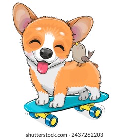 Cute Cartoon Corgi with skateboard and bird