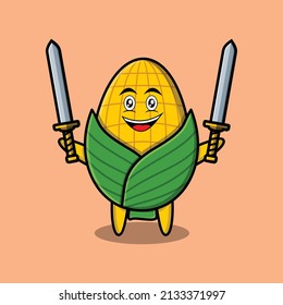 Dibujo lindo Caricatura El personaje de maíz sostiene dos espadas en un diseño moderno 3d para camisetas, pegatinas, elementos de logotipo