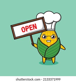 Cute cartoon corn character holding open sign designs in concept 3d cartoon style