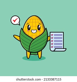 Cute cartoon corn character holding checklist note in concept 3d cartoon style