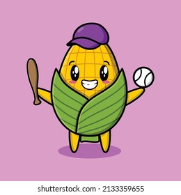 Personaje de maíz de dibujos animados que juega al béisbol con un diseño de estilo moderno