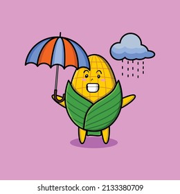 Cute cartoon corn character in the rain and using an umbrella in 3d modern style design
