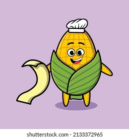 Cute cartoon corn chef character with menu in hand cute modern style design 