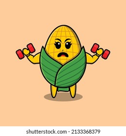 Cute cartoon corn is fitness with barbell in modern style design for t-shirt, sticker, logo element