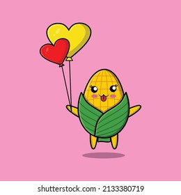 Cute cartoon corn floating with love balloon cartoon vector illustration in concept 3d cartoon style