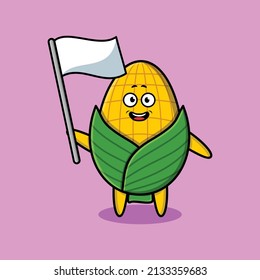 Cute cartoon Corn mascot character with white flag in modern design