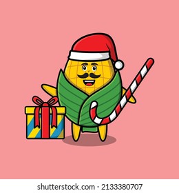 Cute Cartoon Corn Santa Clause Character Is Bringing Candy Cane And Boxes Christmas Illustration