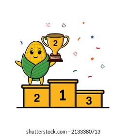 Cute cartoon corn as the second winner with happy expression in 3d modern style design