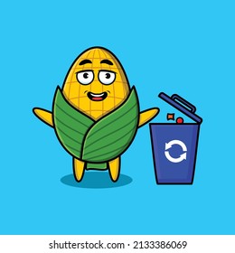 Cute cartoon corn throwing trash in the trash in 3d modern style design