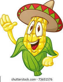 Cute cartoon corn wearing a sombrero. Vector Illustration with simple gradients.