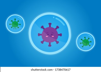 Cute Cartoon von Coronavirus in der Blase. Gefangen für drei traurige und tote Viren. Konzept der Selbstversorgung, Covid-19.