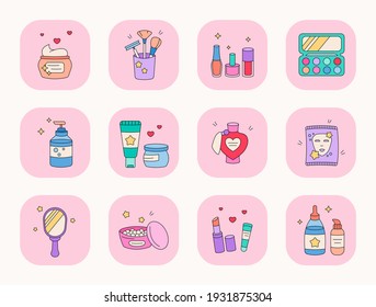 Cute cartoon cosmetics icon set. Korean doodle cosmetics vector icons.
Cosmetics related cute stuff - face care cream, powder palette and brushes, mask, serum bottle. Korean skin care icon graphic set