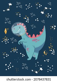 Cute cartoon cosmo little dinosaur - vector illustration. Cute simple dino night sky, stars -Great for designing baby clothes.