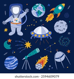 Cute cartoon cosmos and astronomy set with cosmonaut, UFO ship, satellite, Earth and Moon, star dust, space jet. Childish symbols of galaxy. Hand drawn clipart collection isolated on background.