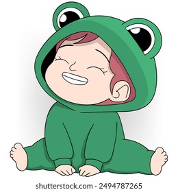 cute cartoon costume illustration for kids, baby boy sitting wearing green frog costume