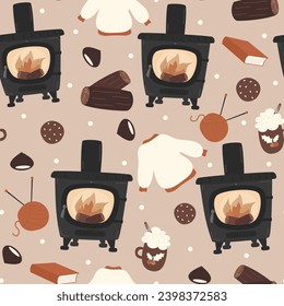 Cute Cartoon cosy hand drawn seamless vector pattern background illustration with traditional wood stove, sweater, log, chestnut, books, cookies, snowflakes and mug