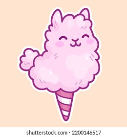 Cute Cartoon Cotton Candy Llama Doodle. Kawaii Alpaca Vector Clip Art Illustration.