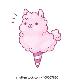 Cute cartoon cotton candy llama. Adorable vector illustration.