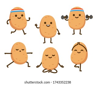 Cute cartoon couch potato fitness character illustration set. Funny potato jogging and lifting dumbbells, doing yoga and meditating. Cardio, strength training and wellness, vector clip art.