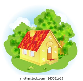 A cute cartoon country house in the garden 