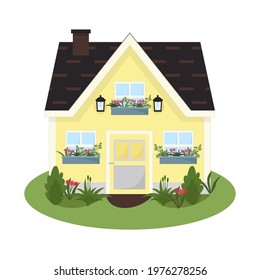 Cute cartoon country house illustration with plants and flowers on white background. Cottage and garden concept.