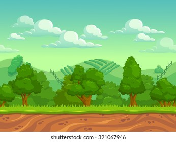 Cute cartoon country seamless horizontal landscape, nature vector illustration