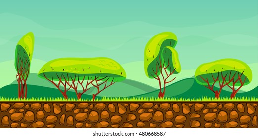 Cute cartoon country seamless horizontal landscape, nature vector illustration