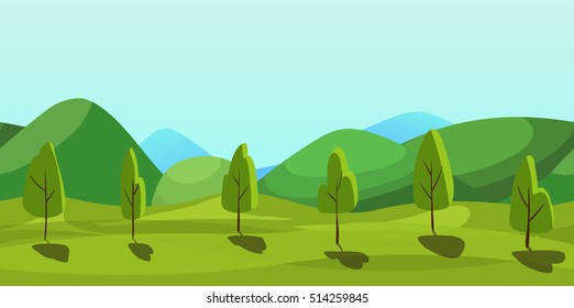 Cute cartoon country seamless horizontal landscape, nature vector illustration