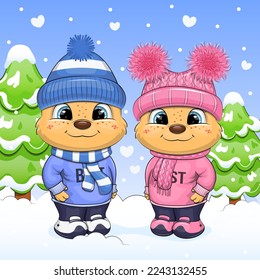 A cute cartoon couple of bears in sweatshirts and hats is standing in a fir forest. Winter vector illustration on a blue background with snow.