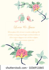 Cute cartoon couple birds in flower branch,romantic wedding card in spring summer flower garden concept.Illustration vector by hand doodle comic art.