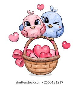 Cute cartoon couple of birds on the basket full of pink hearts. Valentine`s vector illustration on a white background.