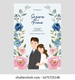 cute cartoon couple bride and groom for wedding invitation card
