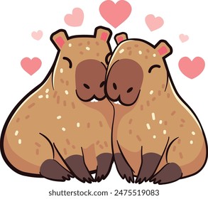 Cute cartoon couple of capybaras with hearts, Valentine's day themed illustration.