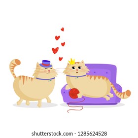 Cute cartoon couple of cats in love. Male and female kittens in love. Boyfriend cat in top hat and girlfriend queen on sofa with ball. Valentines postcard concept, clip art, sticker, t-shirt print.