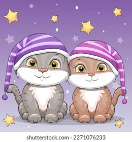 Cute cartoon couple of cats in striped hats. Night pet vector illustration on purple background with yellow stars.