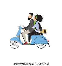 Cute cartoon couple character riding scooter