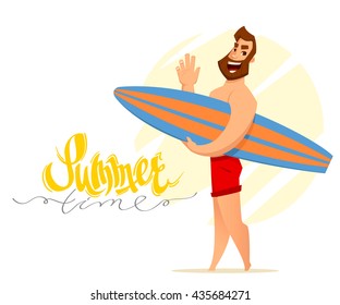 Cute cartoon couple characters. Man with surf board. Summertime lettering. Summer theme