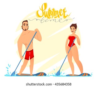 Cute cartoon couple characters. Man with woman swimm on Stand Up board. Summertime lettering. Summer theme