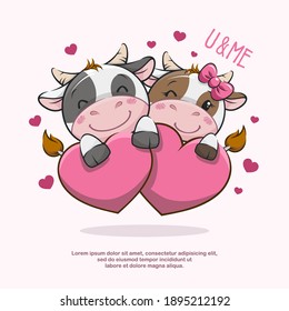 Cute Cartoon Couple Cow With Love Heart